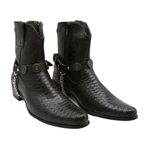 NEW Men Biker Boot Silver Chain Faux Leather 2 Straps Shotgun Bullet Shell Charm - Picture 15 of 16